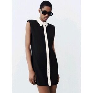 Zara Crepe Shirt Mini Dress L Black White Contrast Collar Dark Academia Party